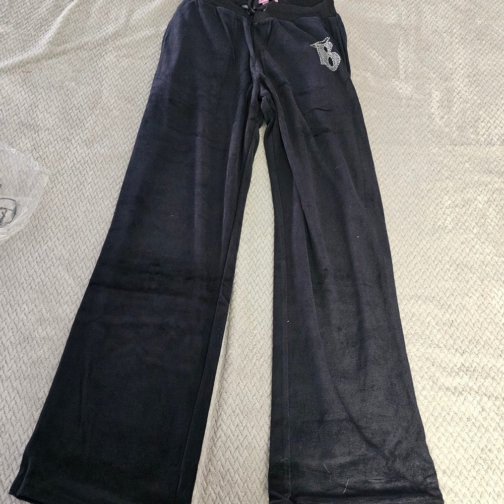 Dolls Kill x Bratz Velour Pants Womens Small Black Rhinestone Logo Flare Y2K